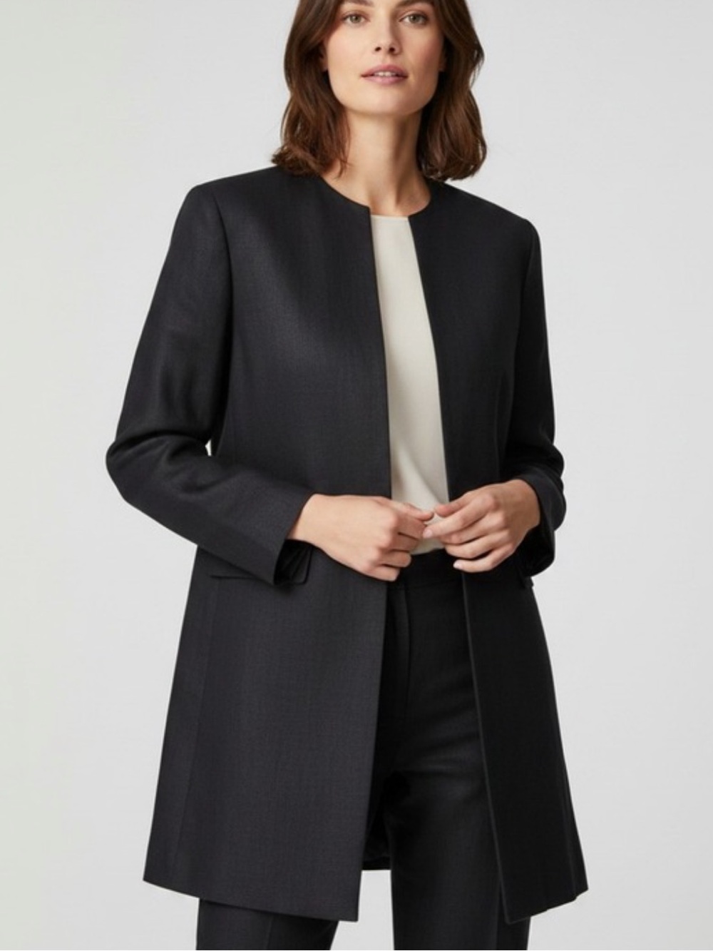 100% LINEN RL Solid Black Women's Blazer 14W Long Lined Low Collar Pockets EC